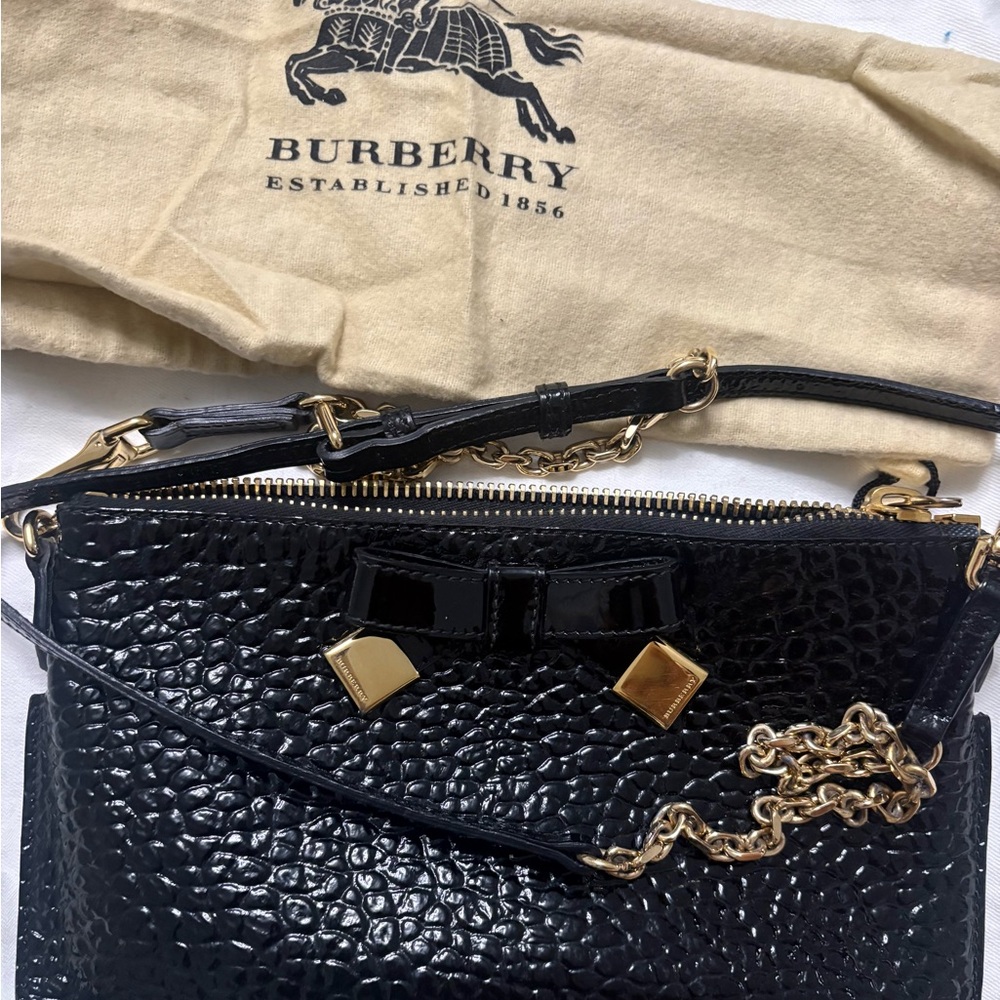 Burberry Black Patent Croc-Embossed Crossbody Bag with Bow - Picture 11 of 12
